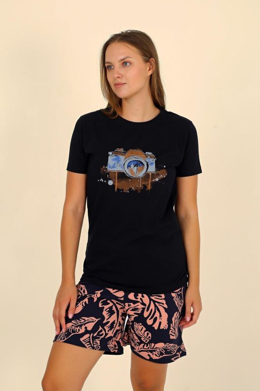 Moda Çizgi Kadın Şortlu Kısa Kol Penye Pijama Takımı Siyah 3623 - 1