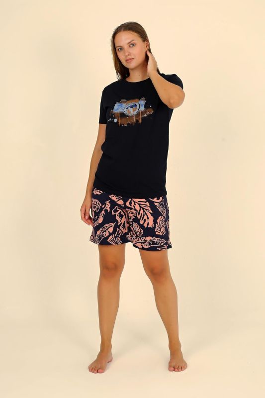Moda Çizgi Kadın Şortlu Kısa Kol Penye Pijama Takımı Siyah 3623 - 2