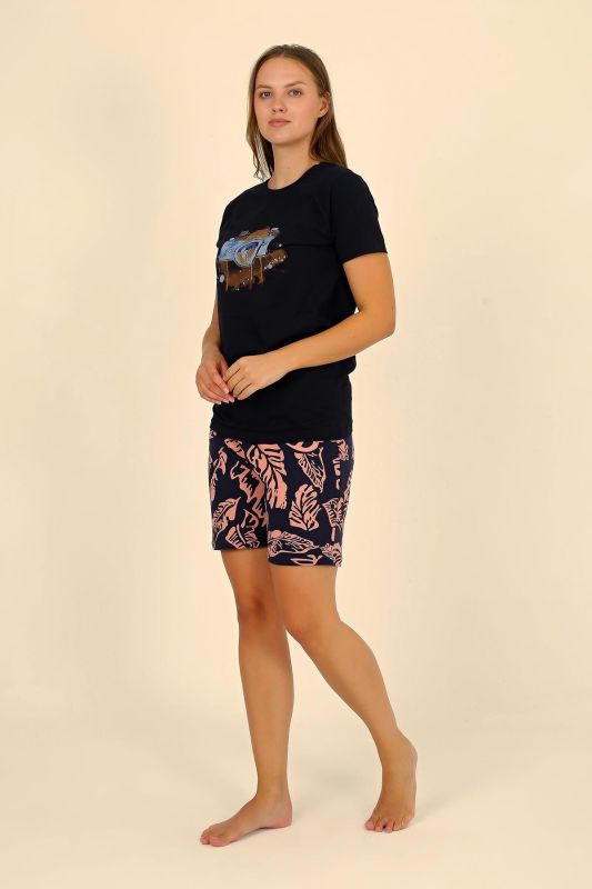 Moda Çizgi Kadın Şortlu Kısa Kol Penye Pijama Takımı Siyah 3623 - 3