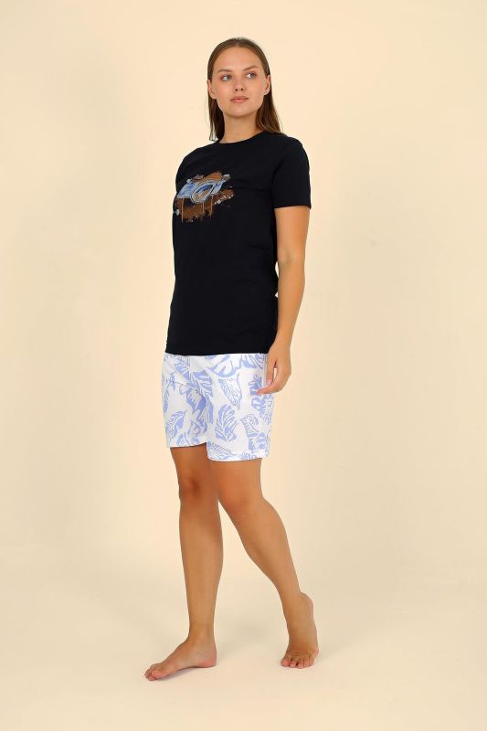 Moda Çizgi Kadın Şortlu Kısa Kol Penye Pijama Takımı Siyah 3624 - 1