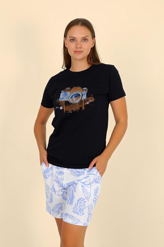 Moda Çizgi Kadın Şortlu Kısa Kol Penye Pijama Takımı Siyah 3624 - 3