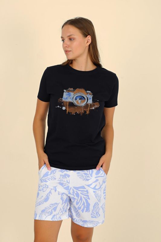 Moda Çizgi Kadın Şortlu Kısa Kol Penye Pijama Takımı Siyah 3624 - 5