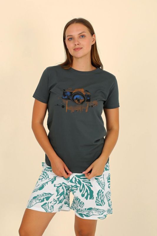 Moda Çizgi Kadın Şortlu Kısa Kol Penye Pijama Takımı Yeşil 3625 - 1