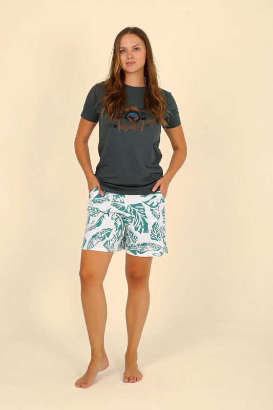 Moda Çizgi Kadın Şortlu Kısa Kol Penye Pijama Takımı Yeşil 3625 - 3