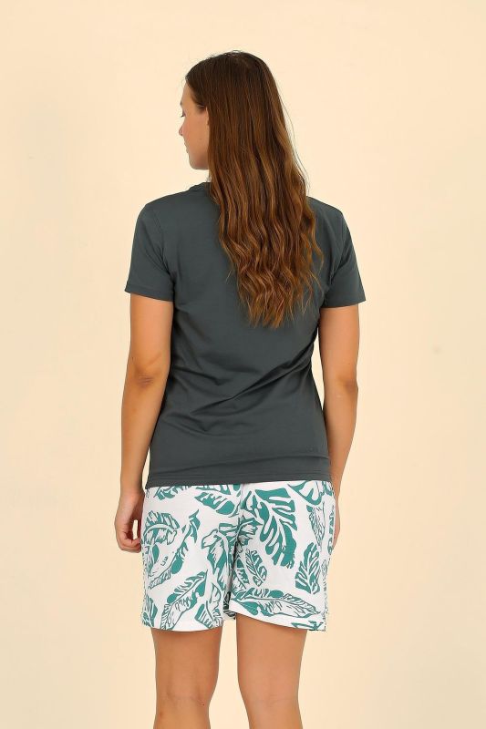 Moda Çizgi Kadın Şortlu Kısa Kol Penye Pijama Takımı Yeşil 3625 - 5