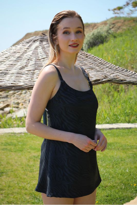 Moda Çizgi Kadın Şortlu Tankini Elbise Mayo Füme 36001 - 3