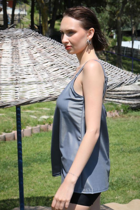 Moda Çizgi Kadın Şortlu Tankini Elbise Mayo Gri 36001 - 2