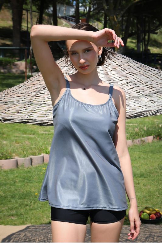 Moda Çizgi Kadın Şortlu Tankini Elbise Mayo Gri 36001 - 3