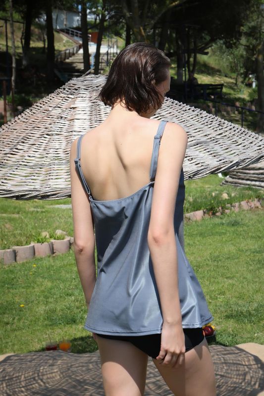 Moda Çizgi Kadın Şortlu Tankini Elbise Mayo Gri 36001 - 5