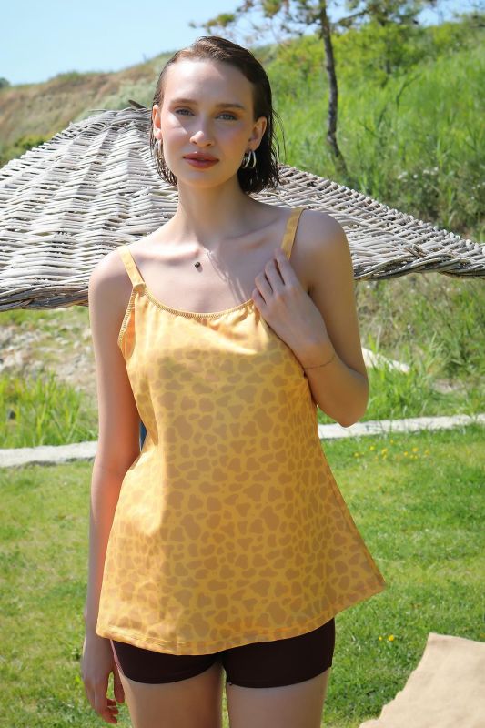 Moda Çizgi Kadın Şortlu Tankini Elbise Mayo Sarı 36001 - 1