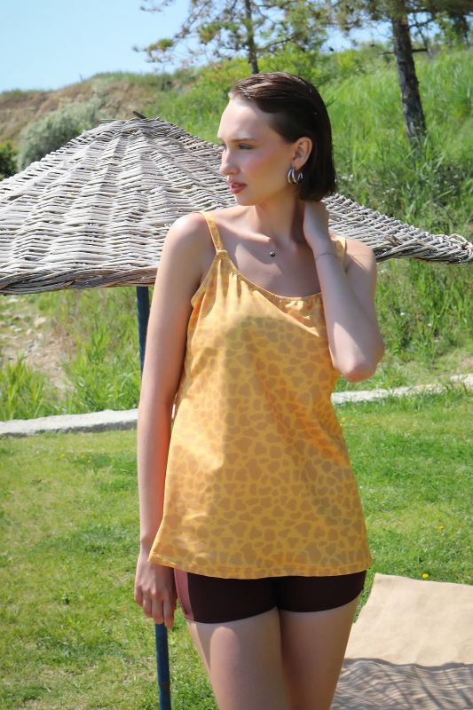 Moda Çizgi Kadın Şortlu Tankini Elbise Mayo Sarı 36001 - 2