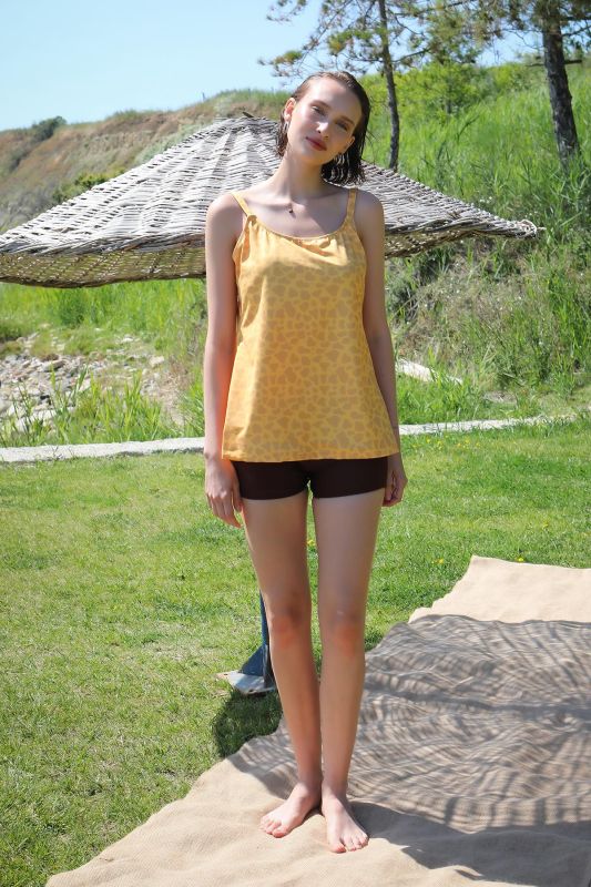 Moda Çizgi Kadın Şortlu Tankini Elbise Mayo Sarı 36001 - 4