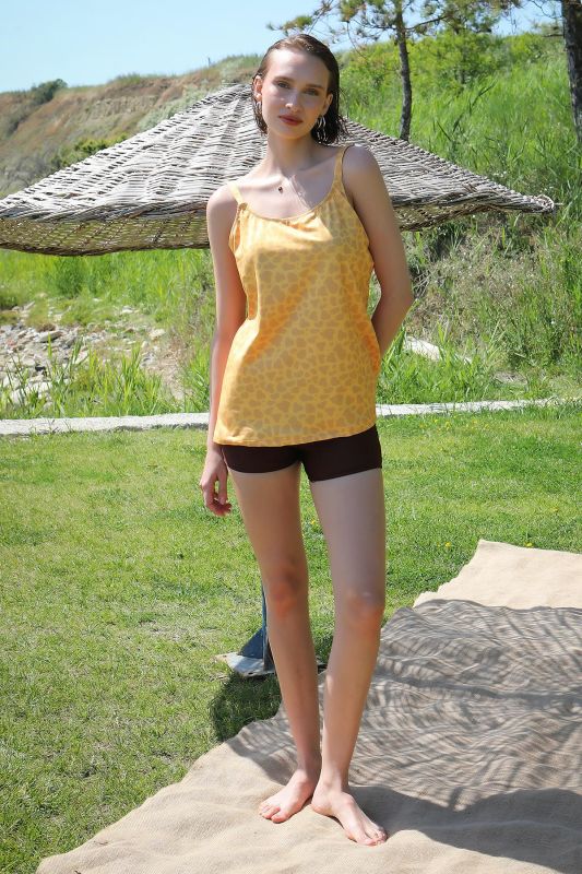 Moda Çizgi Kadın Şortlu Tankini Elbise Mayo Sarı 36001 - 5