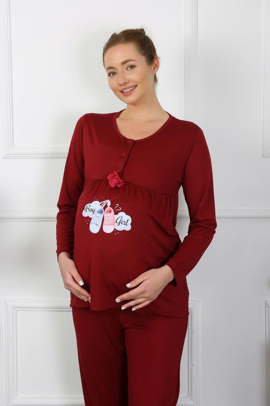 Moda Çizgi Kadın Uzun Kol Hamile Lohusa Pijama Takımı Bordo 45501 - 1