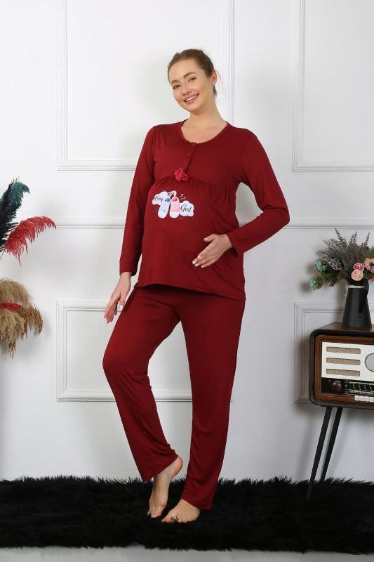 Moda Çizgi Kadın Uzun Kol Hamile Lohusa Pijama Takımı Bordo 45501 - 3