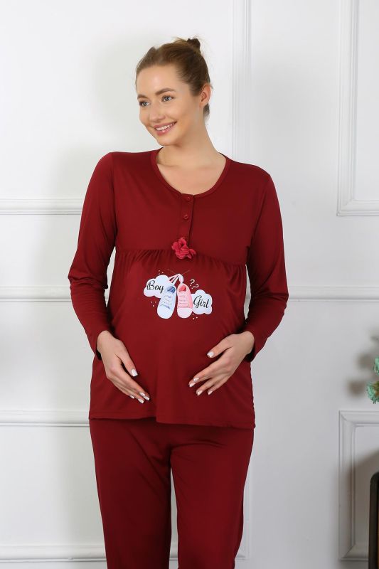 Moda Çizgi Kadın Uzun Kol Hamile Lohusa Pijama Takımı Bordo 45501 - 4