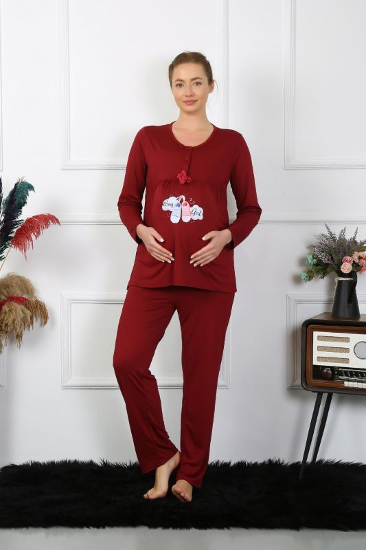 Moda Çizgi Kadın Uzun Kol Hamile Lohusa Pijama Takımı Bordo 45501 - 5