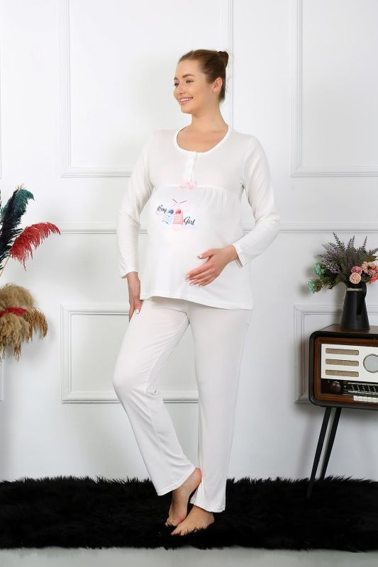 Moda Çizgi Kadın Uzun Kol Hamile Lohusa Pijama Takımı Ekru 45501 - 3