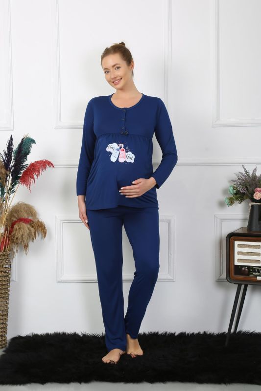 Moda Çizgi Kadın Uzun Kol Hamile Lohusa Pijama Takımı Lacivert 45501 - 3
