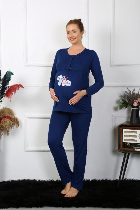 Moda Çizgi Kadın Uzun Kol Hamile Lohusa Pijama Takımı Lacivert 45501 - 4