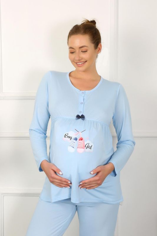 Moda Çizgi Kadın Uzun Kol Hamile Lohusa Pijama Takımı Mavi 45501 - 1