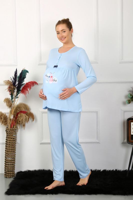 Moda Çizgi Kadın Uzun Kol Hamile Lohusa Pijama Takımı Mavi 45501 - 2