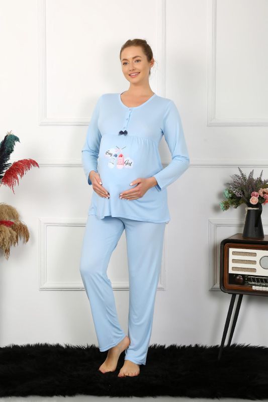 Moda Çizgi Kadın Uzun Kol Hamile Lohusa Pijama Takımı Mavi 45501 - 4