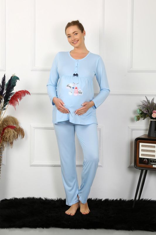 Moda Çizgi Kadın Uzun Kol Hamile Lohusa Pijama Takımı Mavi 45501 - 5