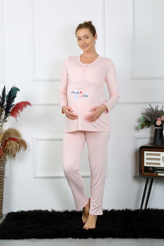 Moda Çizgi Kadın Uzun Kol Hamile Lohusa Pijama Takımı Pudra 45501 - 1