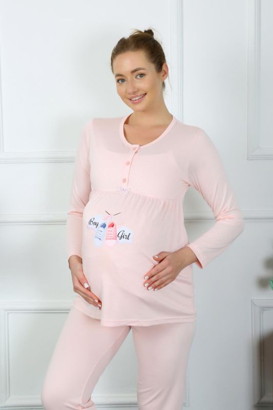 Moda Çizgi Kadın Uzun Kol Hamile Lohusa Pijama Takımı Pudra 45501 - 2