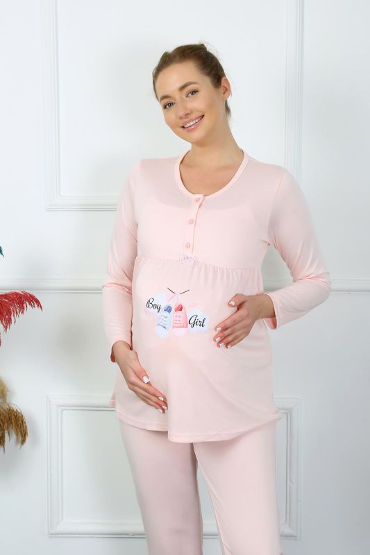 Moda Çizgi Kadın Uzun Kol Hamile Lohusa Pijama Takımı Pudra 45501 - 3