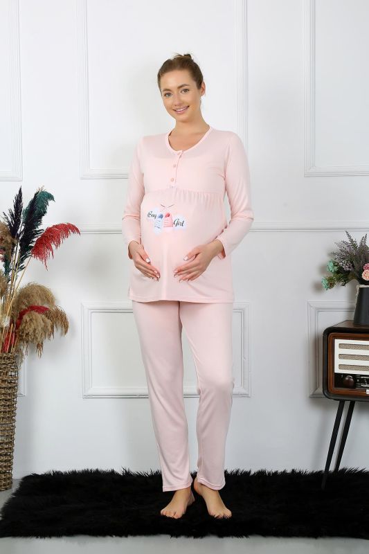 Moda Çizgi Kadın Uzun Kol Hamile Lohusa Pijama Takımı Pudra 45501 - 4