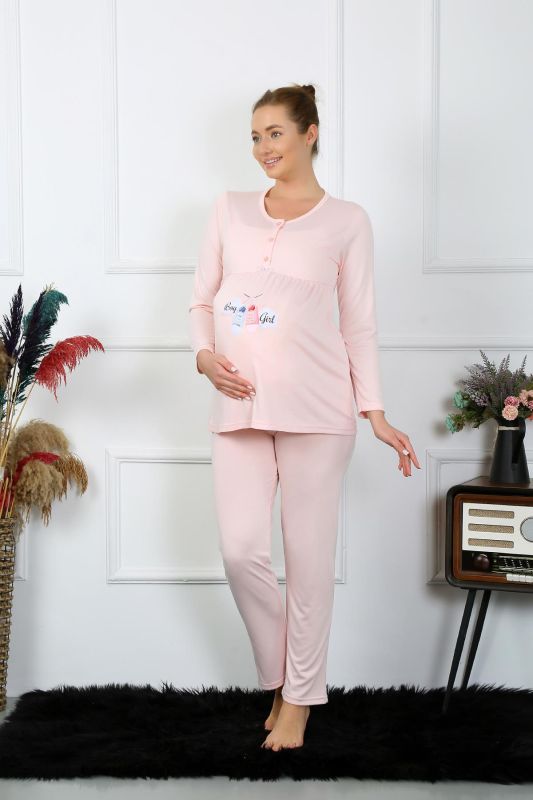 Moda Çizgi Kadın Uzun Kol Hamile Lohusa Pijama Takımı Pudra 45501 - 5