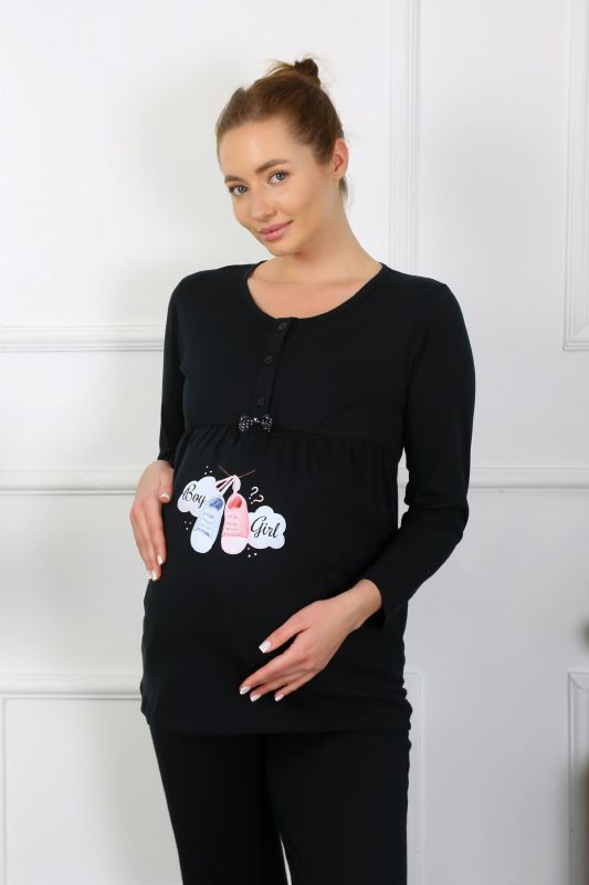 Moda Çizgi Kadın Uzun Kol Hamile Lohusa Pijama Takımı Siyah 45501 - 2