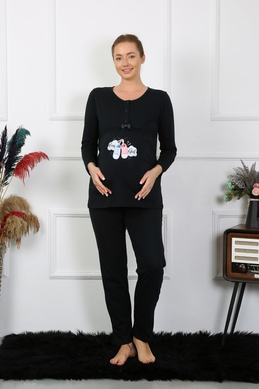 Moda Çizgi Kadın Uzun Kol Hamile Lohusa Pijama Takımı Siyah 45501 - 4