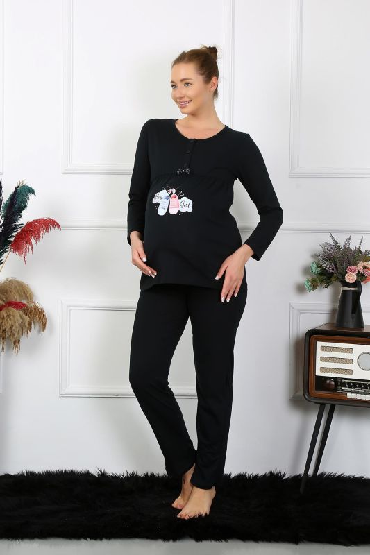Moda Çizgi Kadın Uzun Kol Hamile Lohusa Pijama Takımı Siyah 45501 - 5