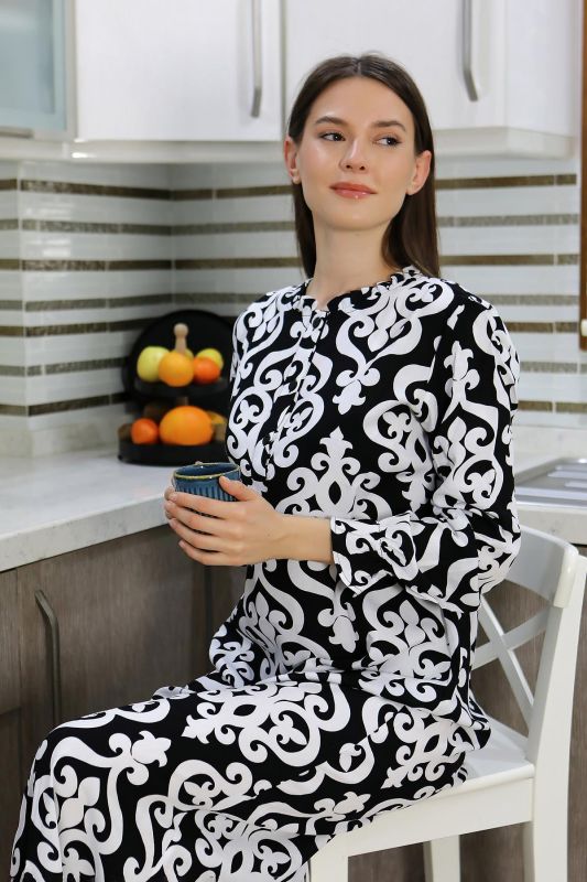 Moda Çizgi Kadın Uzun Kol Penye Gecelik Ev Elbisesi Siyah 25500 - 2