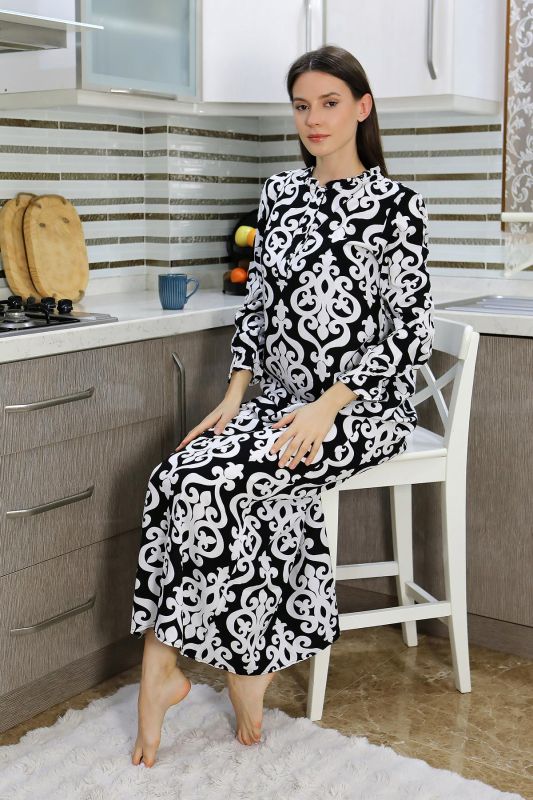 Moda Çizgi Kadın Uzun Kol Penye Gecelik Ev Elbisesi Siyah 25500 - 3