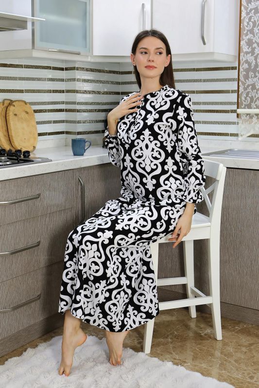 Moda Çizgi Kadın Uzun Kol Penye Gecelik Ev Elbisesi Siyah 25500 - 5