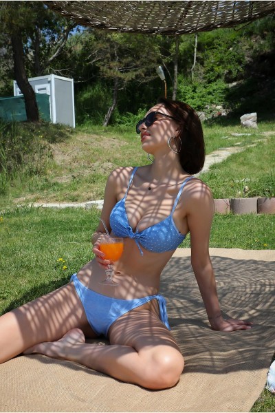 Moda Çizgi - Moda Çizgi Kadın Yandan Bağlamalı Yarım Destekli Fiyonklu Alt Üst Bikini Takım Buz Mavisi 35014