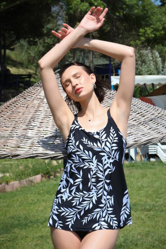 Moda Çizgi Kadın Yüksek Bel Slipli Tankini Elbise Mayo Siyah 36001 - 1