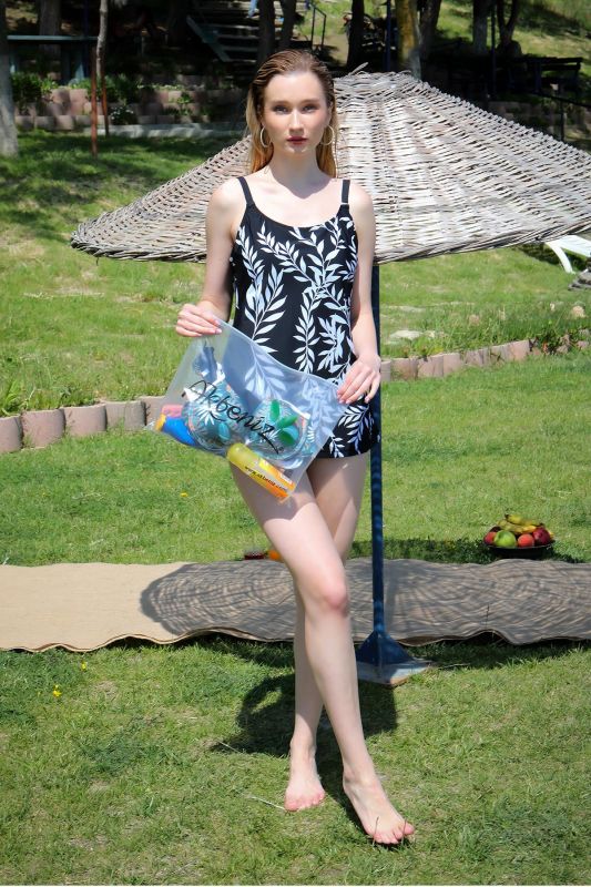 Moda Çizgi Kadın Yüksek Bel Slipli Tankini Elbise Mayo Siyah 36001 - 2
