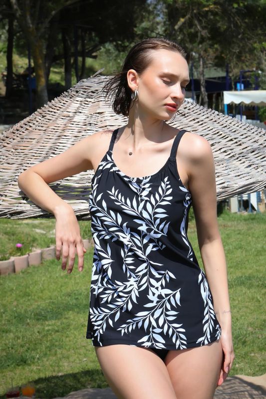 Moda Çizgi Kadın Yüksek Bel Slipli Tankini Elbise Mayo Siyah 36001 - 6