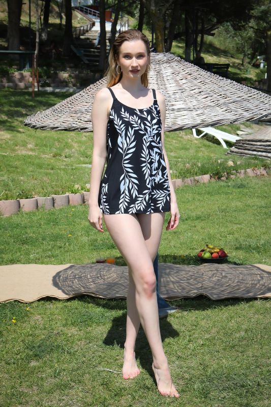 Moda Çizgi Kadın Yüksek Bel Slipli Tankini Elbise Mayo Siyah 36001 - 7