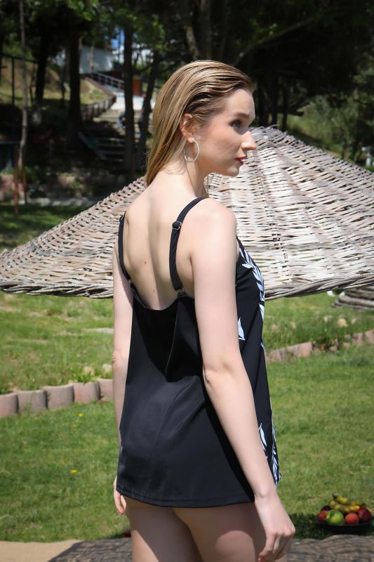 Moda Çizgi Kadın Yüksek Bel Slipli Tankini Elbise Mayo Siyah 36001 - 9