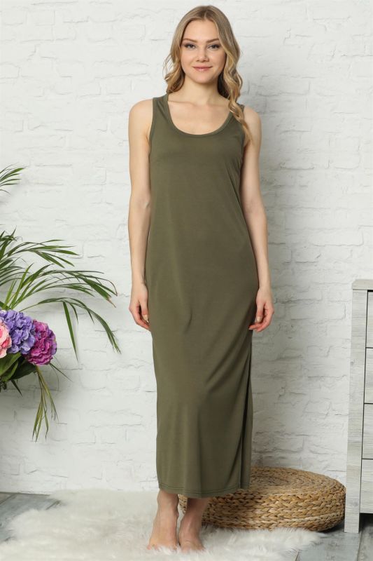 Moda Çizgi Kalın Askılı Haki Penye Uzun Gecelik 922 - 2