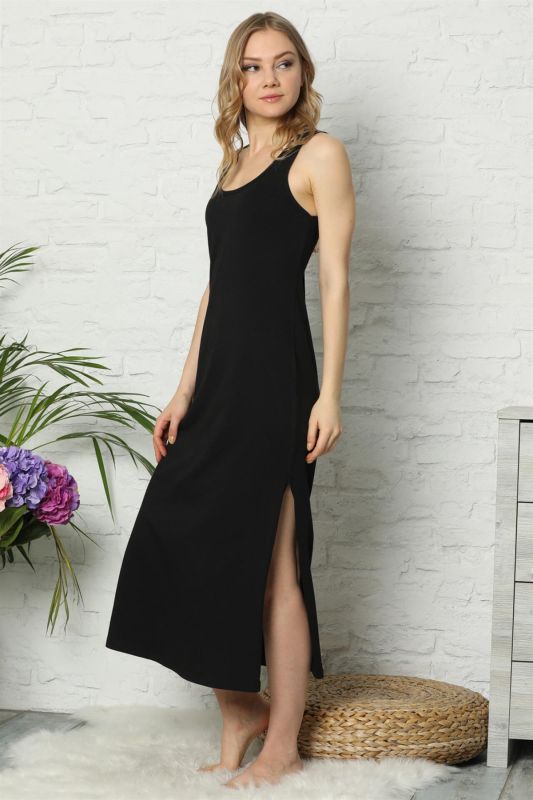 Moda Çizgi Kalın Askılı Siyah Penye Uzun Gecelik 921 - 1