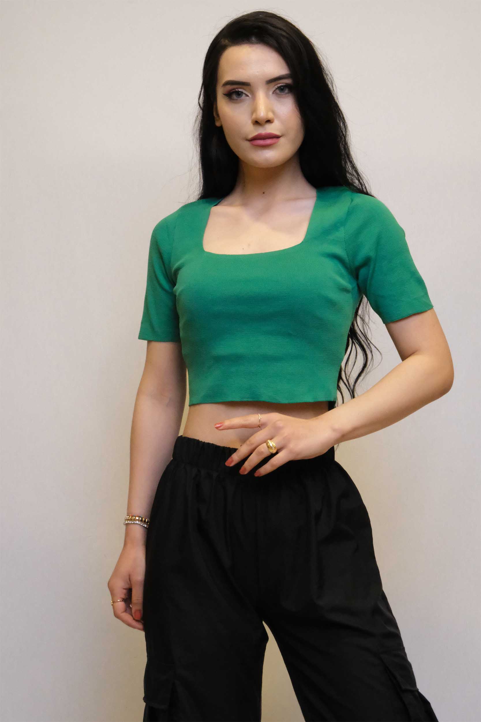 Moda Çizgi Kare Yaka Triko Crop Yeşil - STD | Yeşil