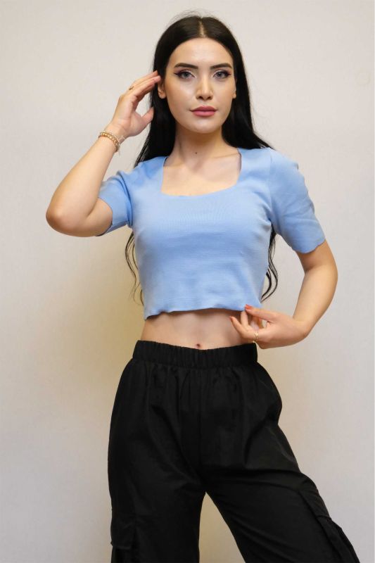 Moda Çizgi Kare Yaka Triko Crop Mavi - 1