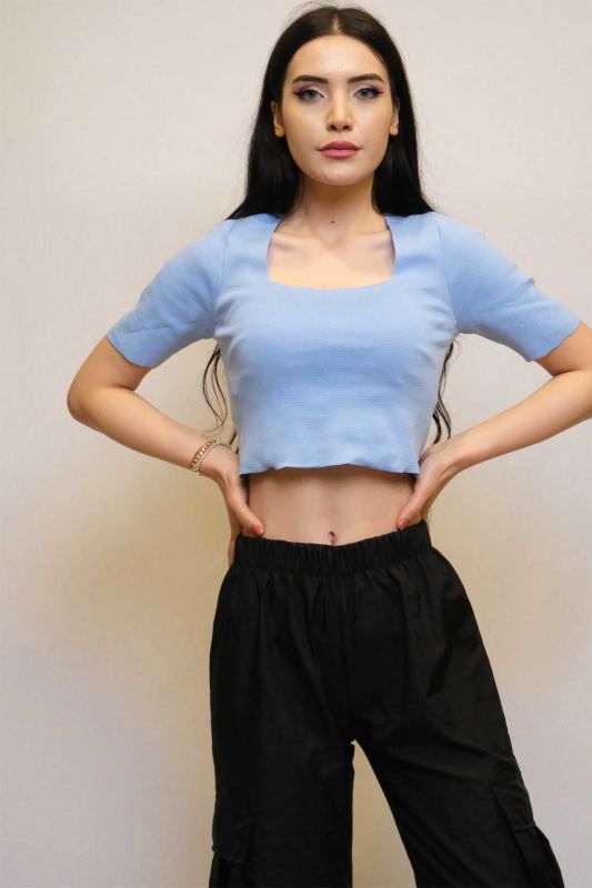 Moda Çizgi Kare Yaka Triko Crop Mavi - 2